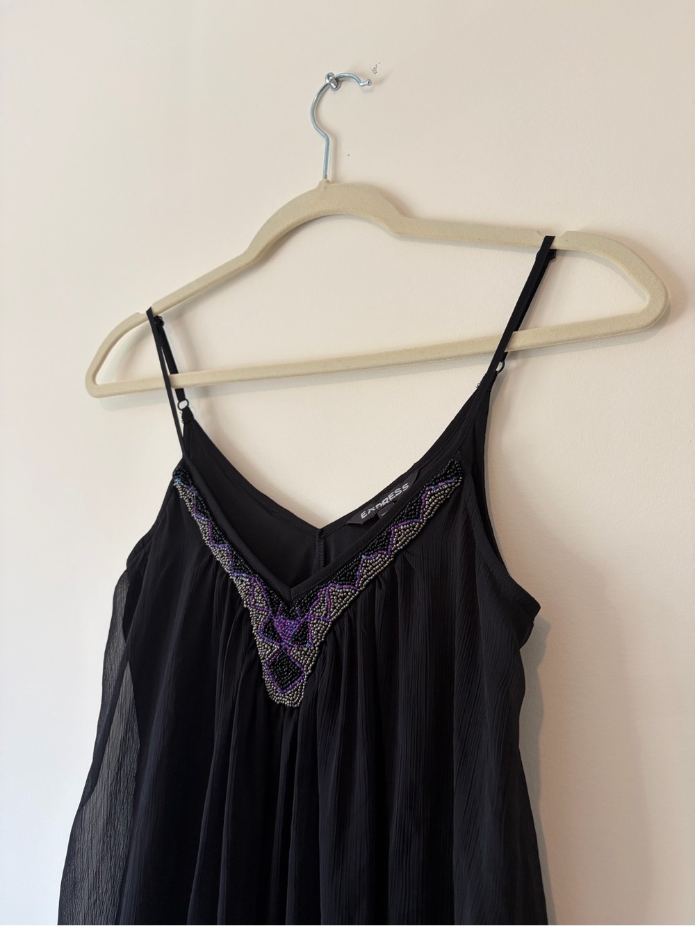 Express Black Spaghetti Strap Dress with Purple Beaded V-Detail
